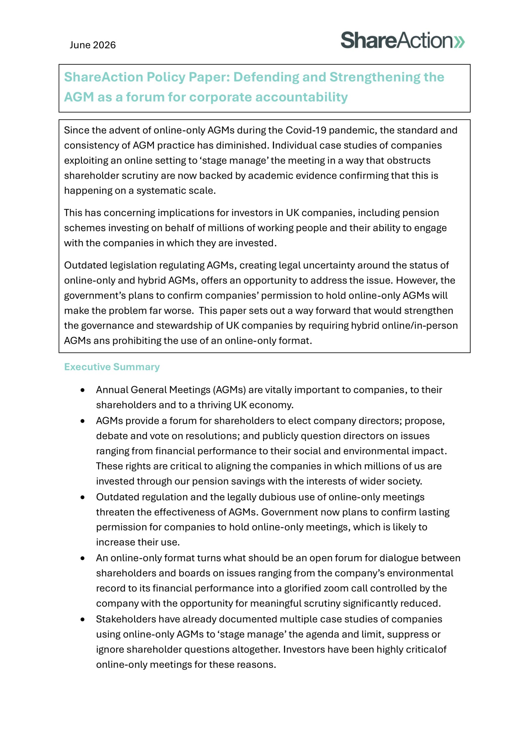 ShareAction policy paper: Defending and strengthening the AGM as a forum for corporate accountability
