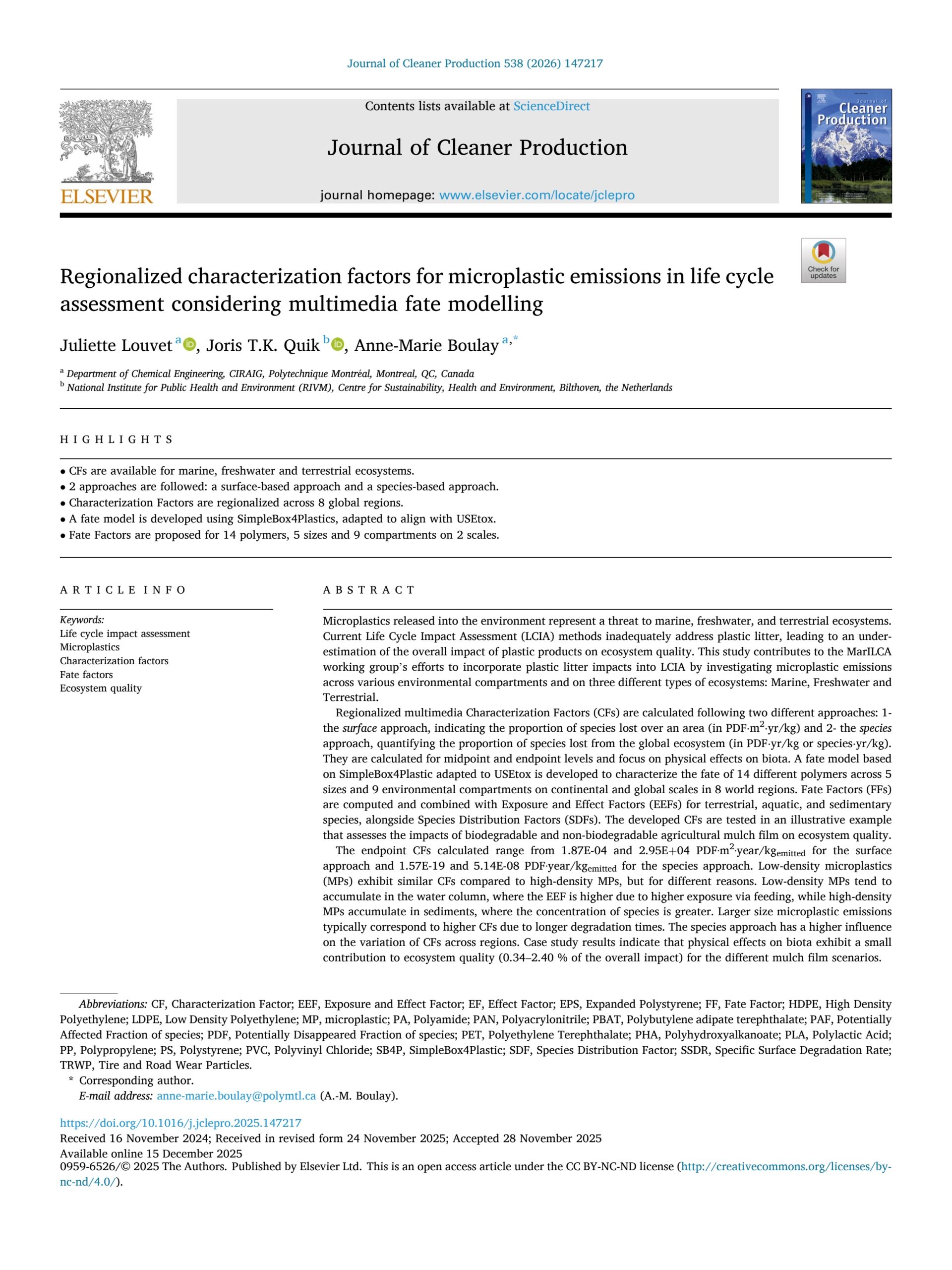 Regionalized characterization factors for microplastic emissions in life cycle assessment considering multimedia fate modelling