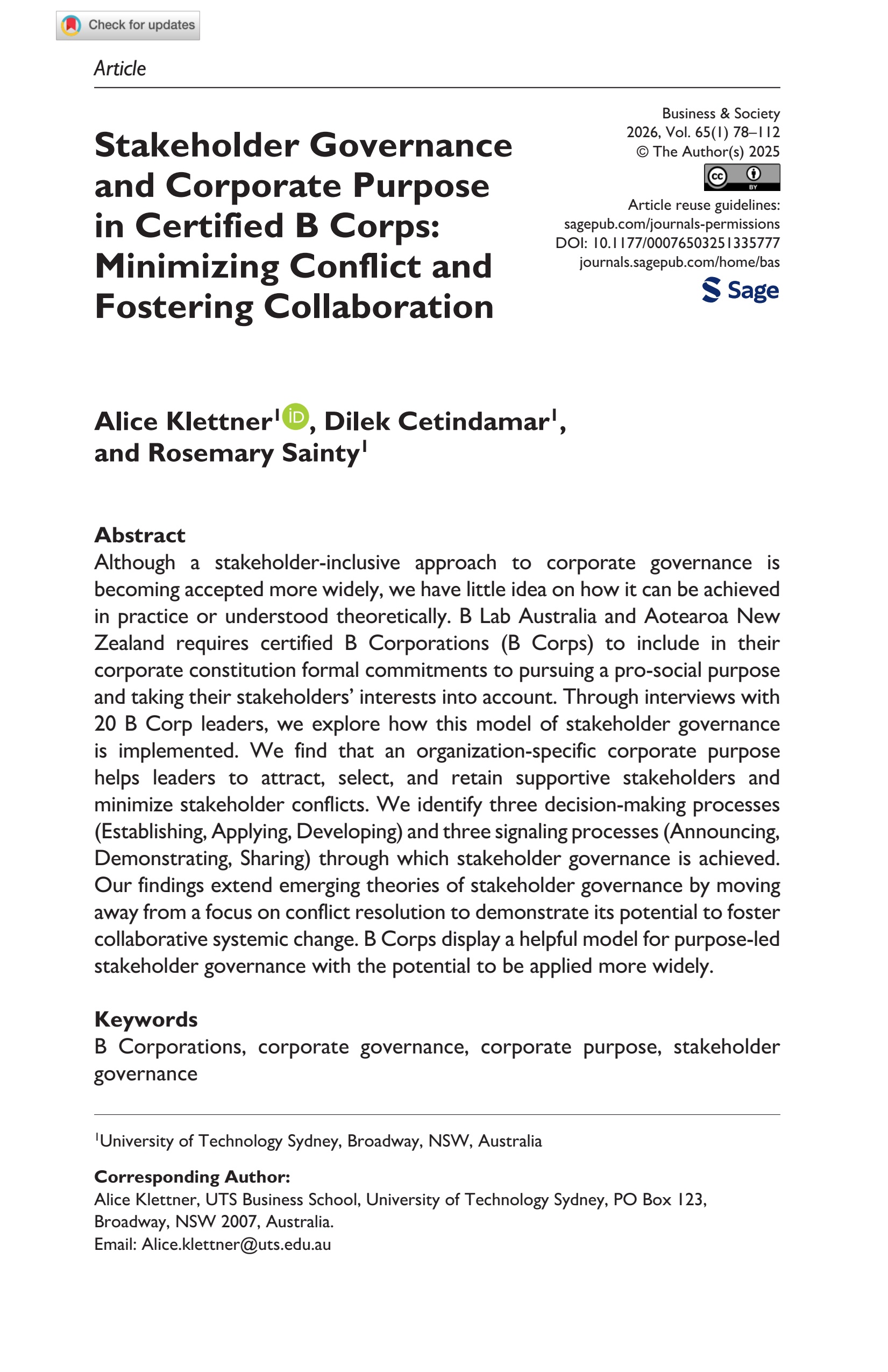 Stakeholder governance and corporate purpose in certified B Corps: Minimizing conflict and fostering collaboration