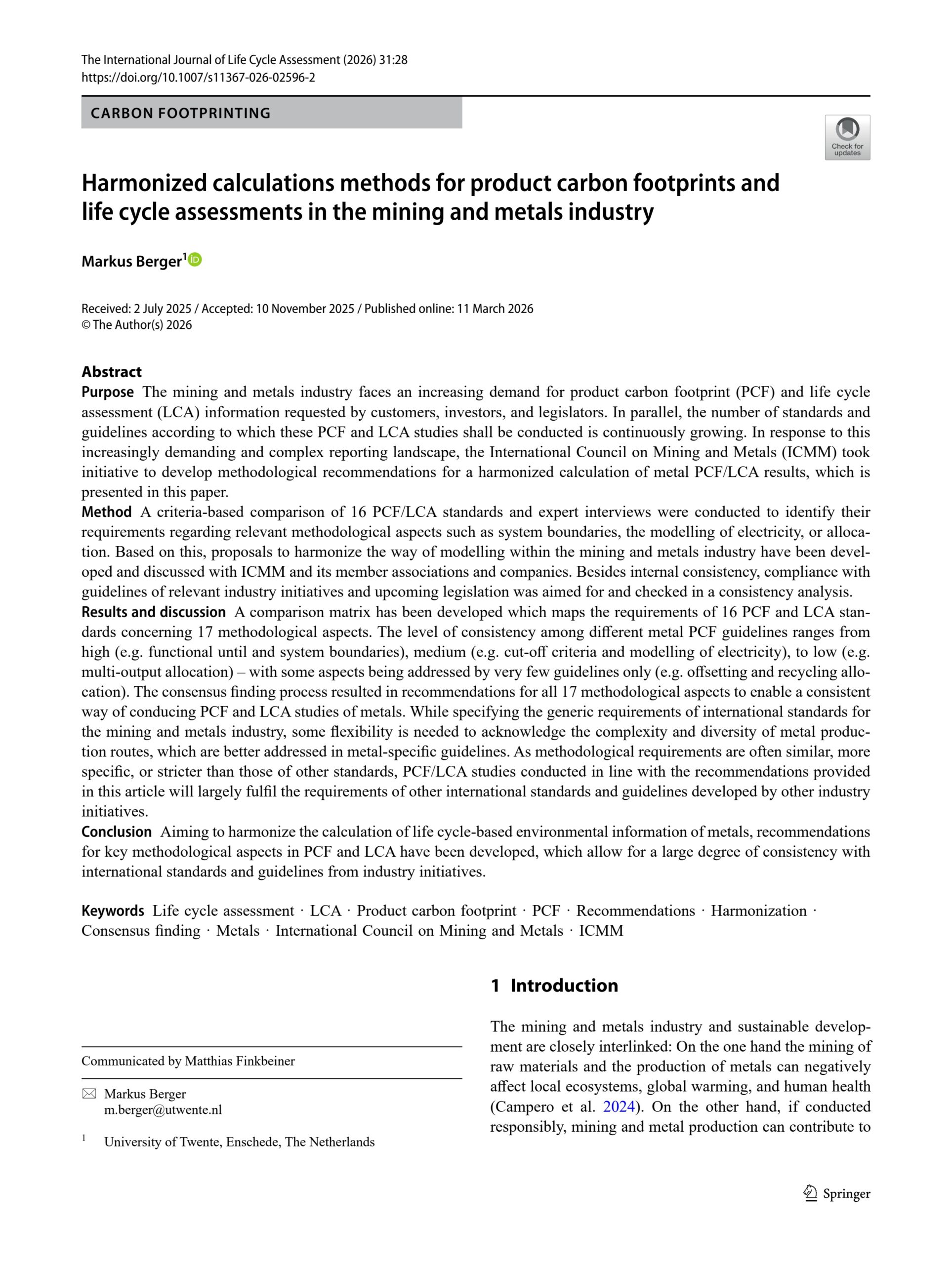 Harmonized calculations methods for product carbon footprints and life cycle assessments in the mining and metals industry