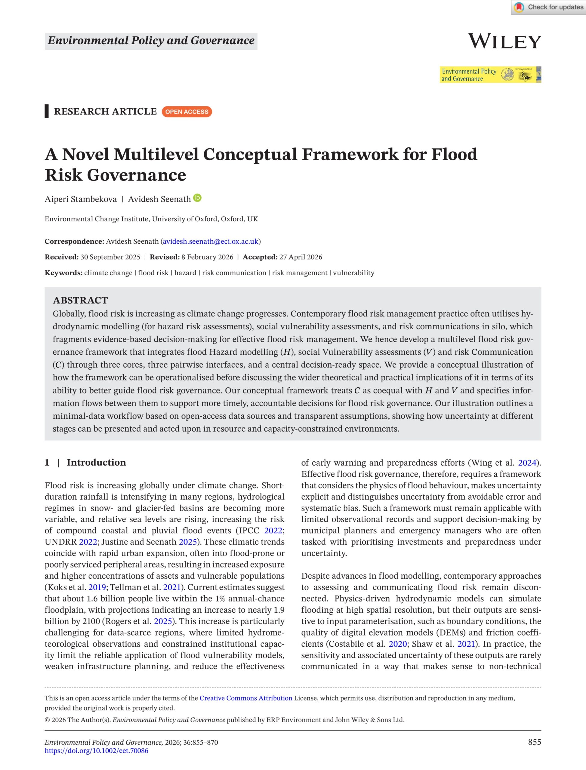 A novel multilevel conceptual framework for flood risk governance