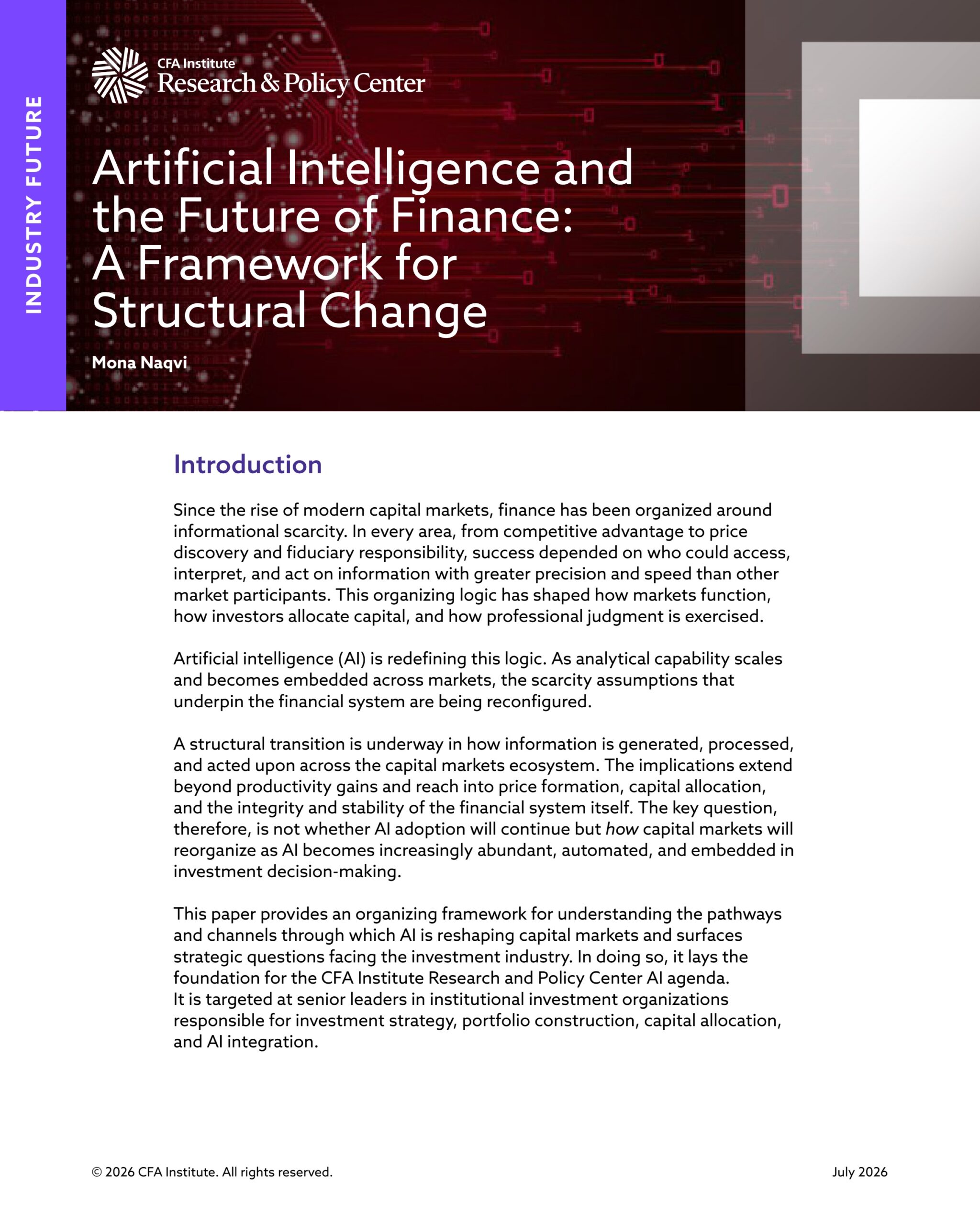 Artificial intelligence and the future of finance: A framework for structural change