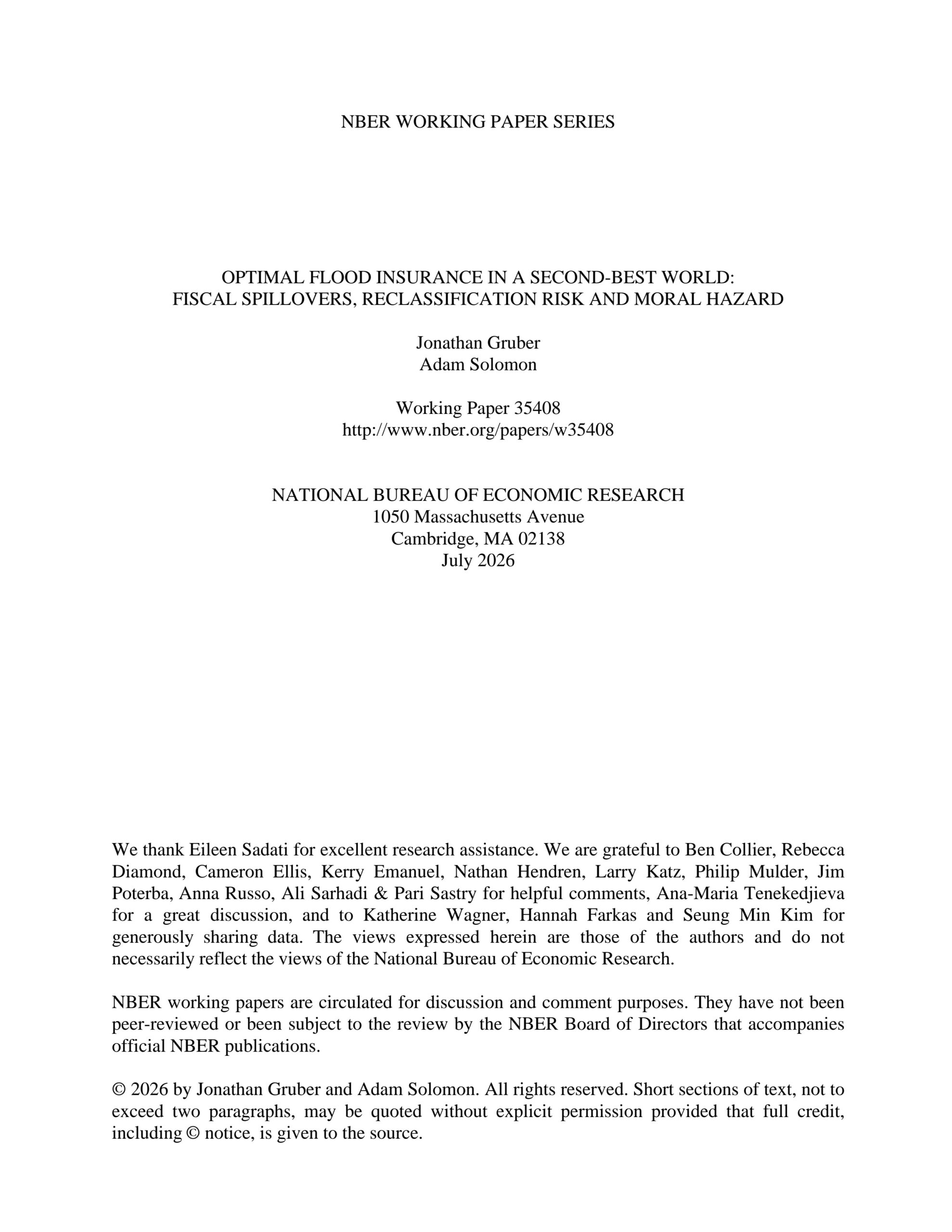 Optimal flood insurance in a second-best world: Fiscal spillovers, reclassification risk and moral hazard