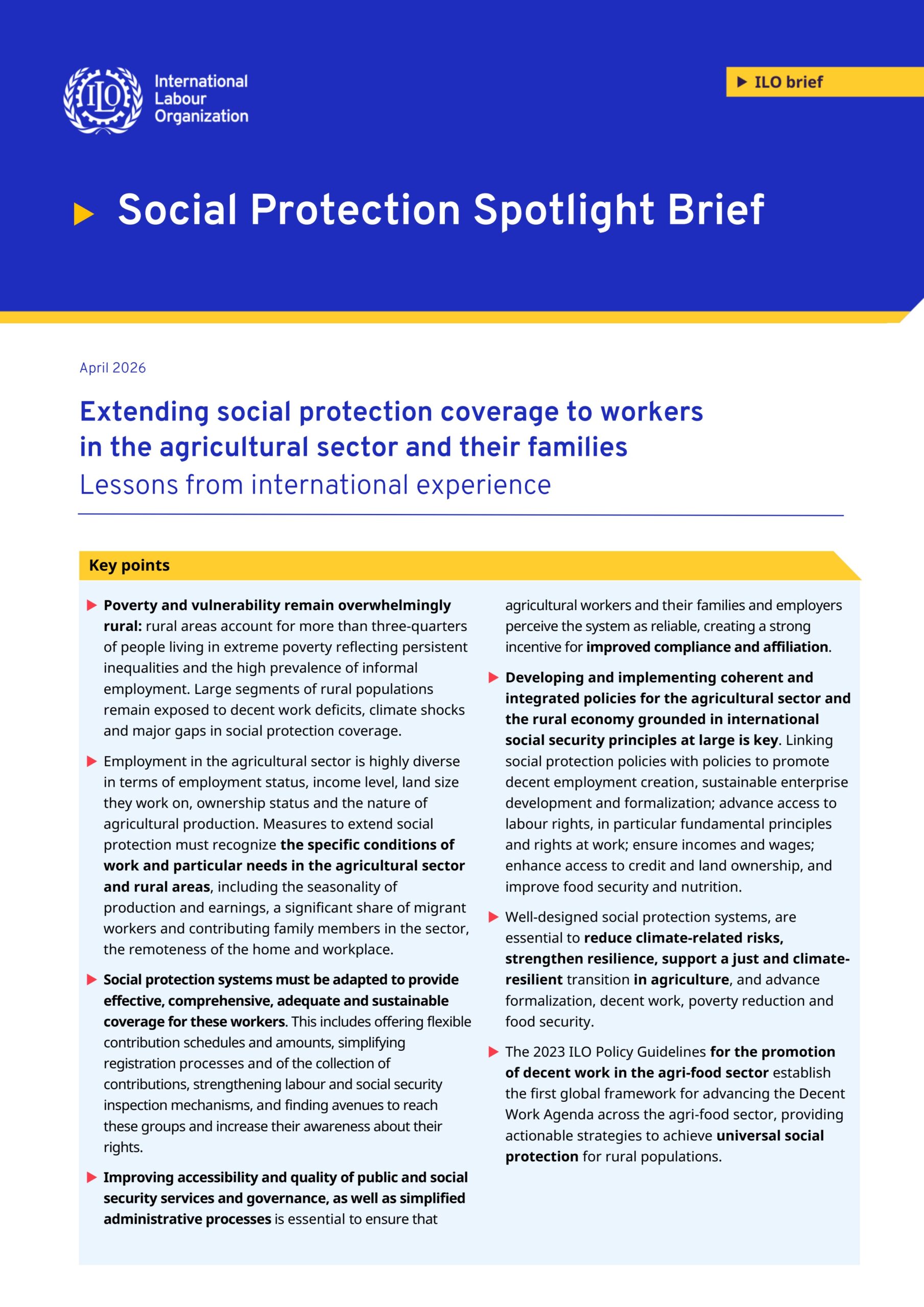 Extending social protection coverage to workers in the agricultural sector and their families: Lessons from international experience