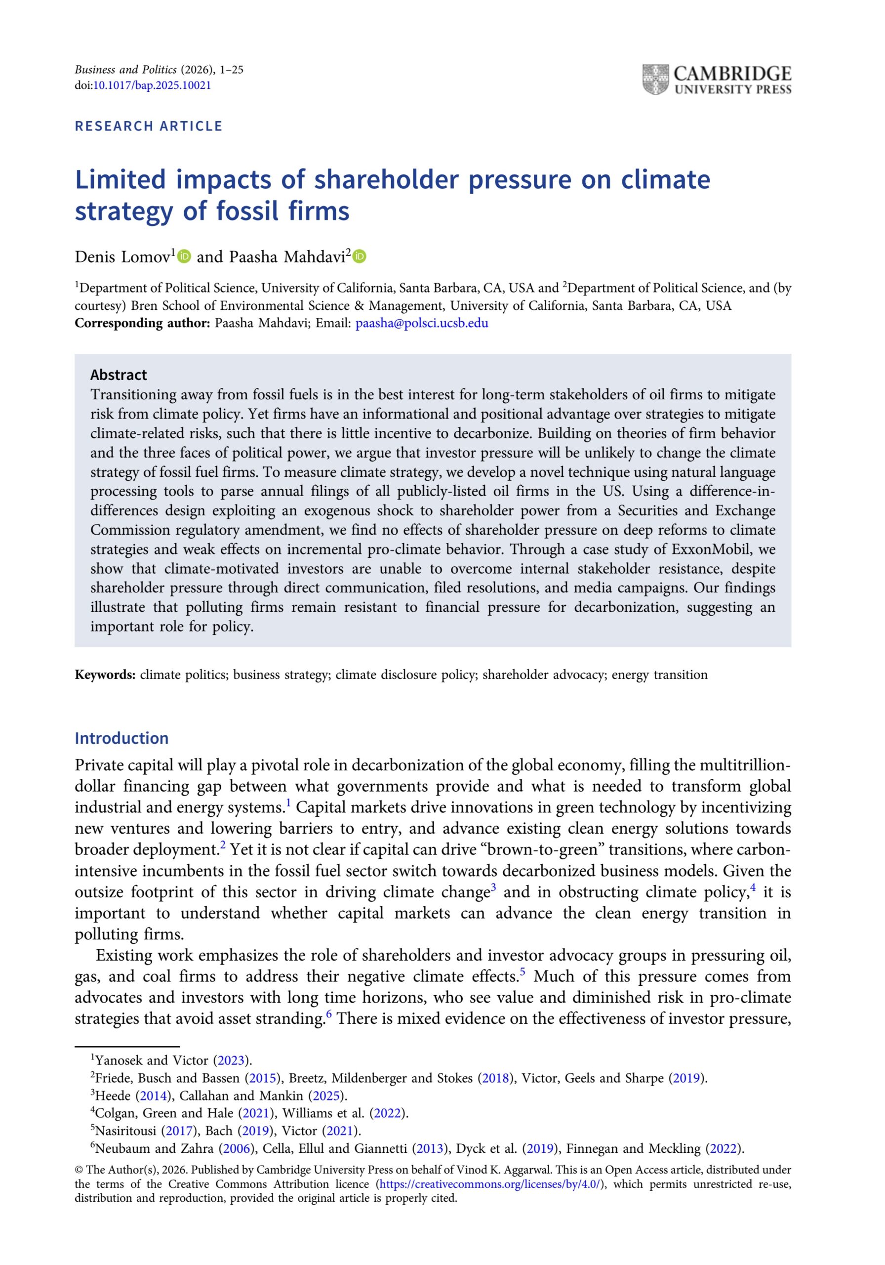 Limited impacts of shareholder pressure on climate strategy of fossil firms