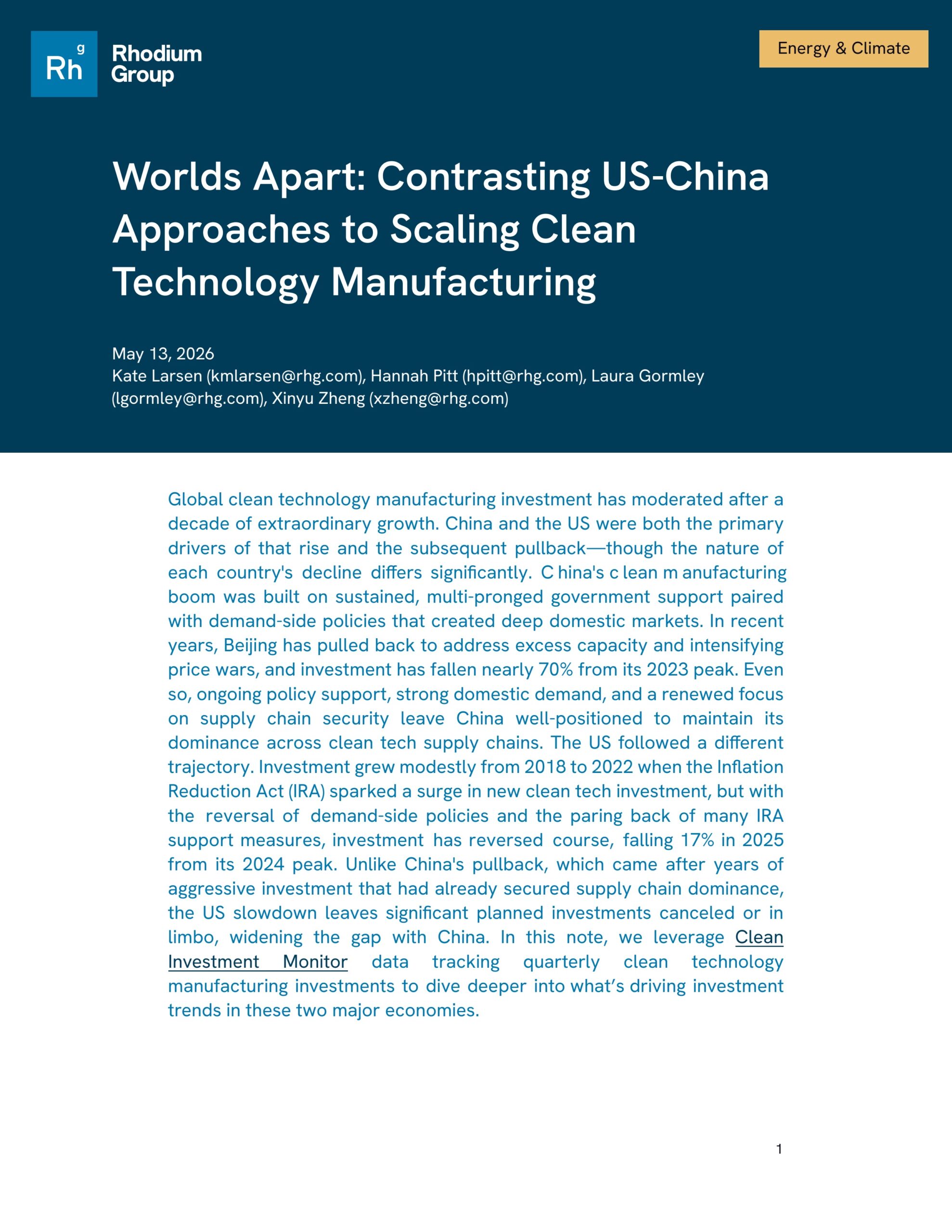Worlds apart: Contrasting US-China approaches to scaling clean technology manufacturing