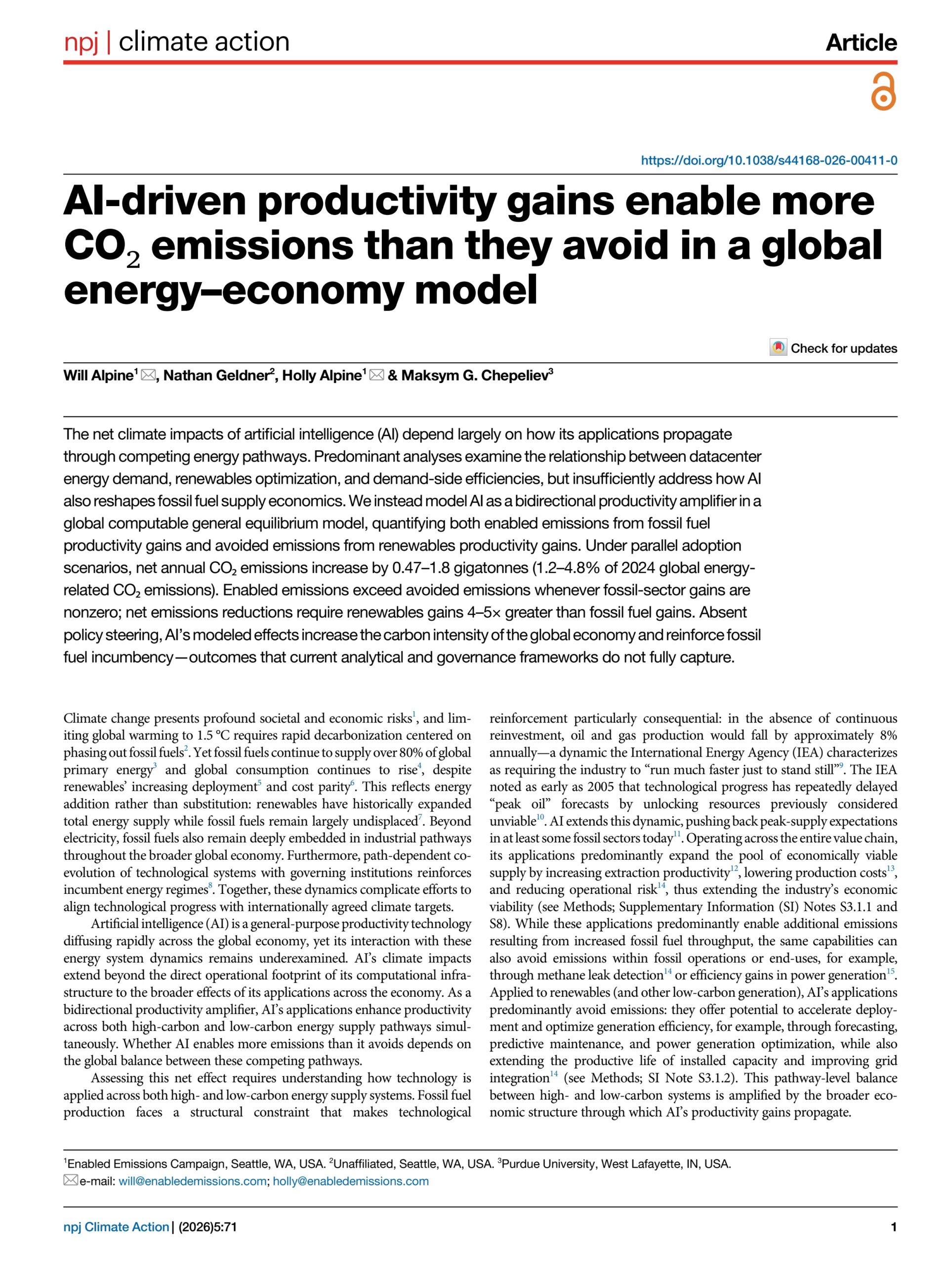 AI-driven productivity gains enable more CO₂ emissions than they avoid in a global energy–economy model