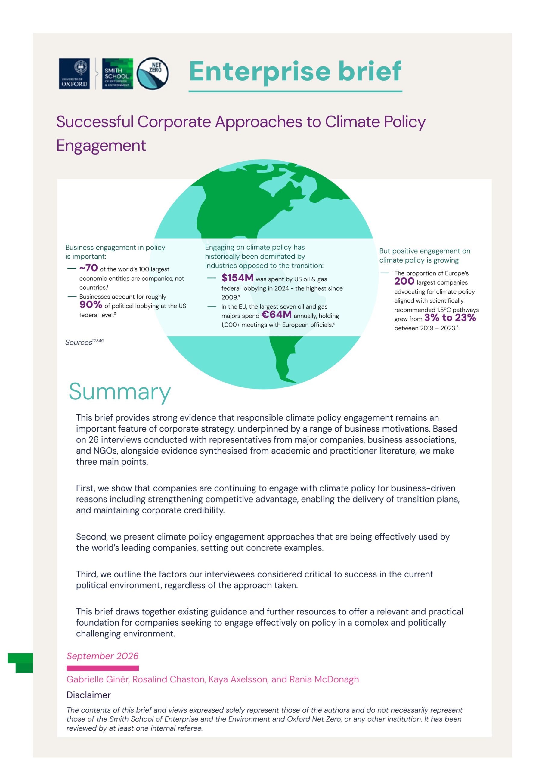 Successful corporate approaches to climate policy engagement