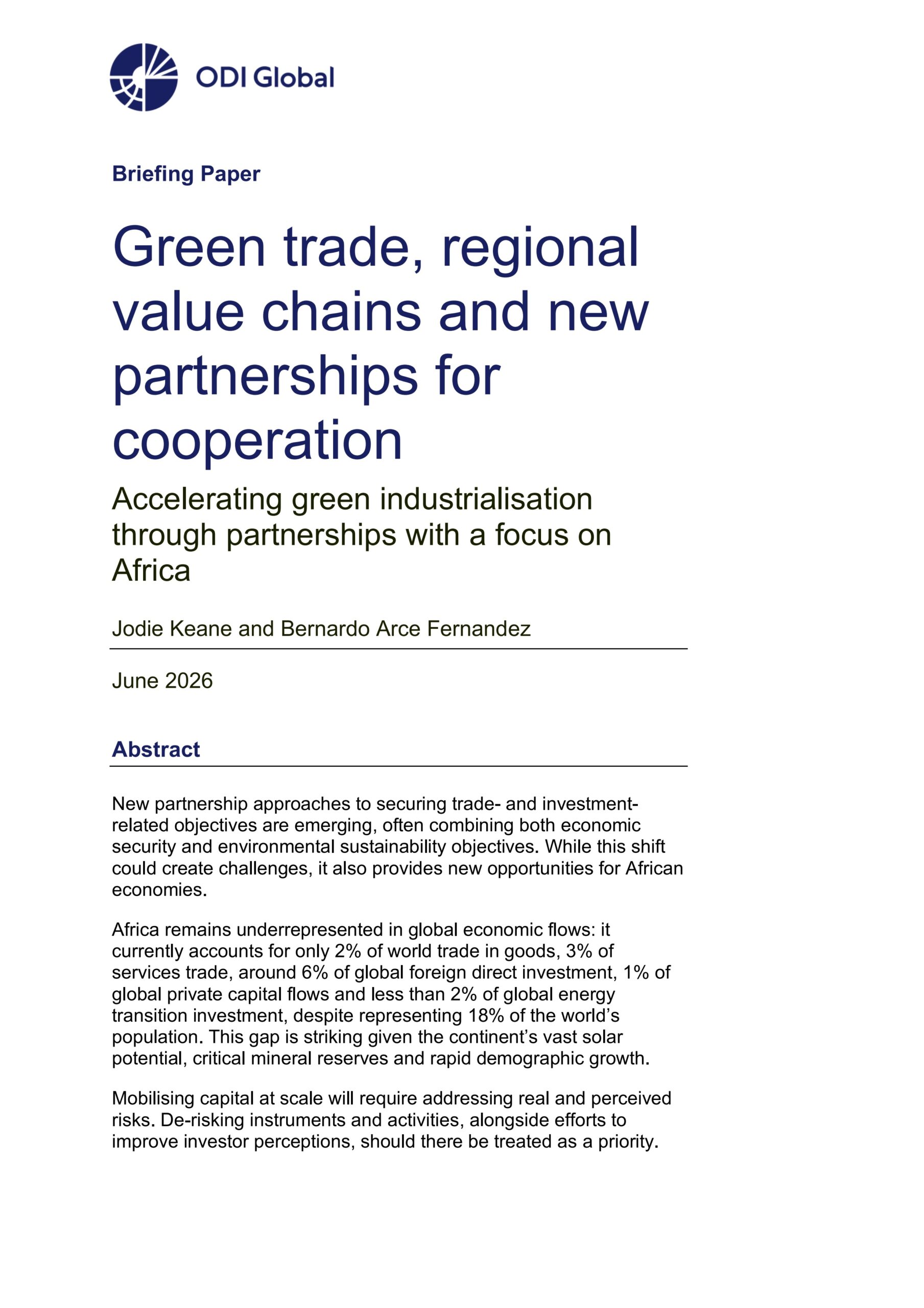 Green trade, regional value chains and new partnerships for cooperation: Accelerating green industrialisation through partnerships with a focus on Africa