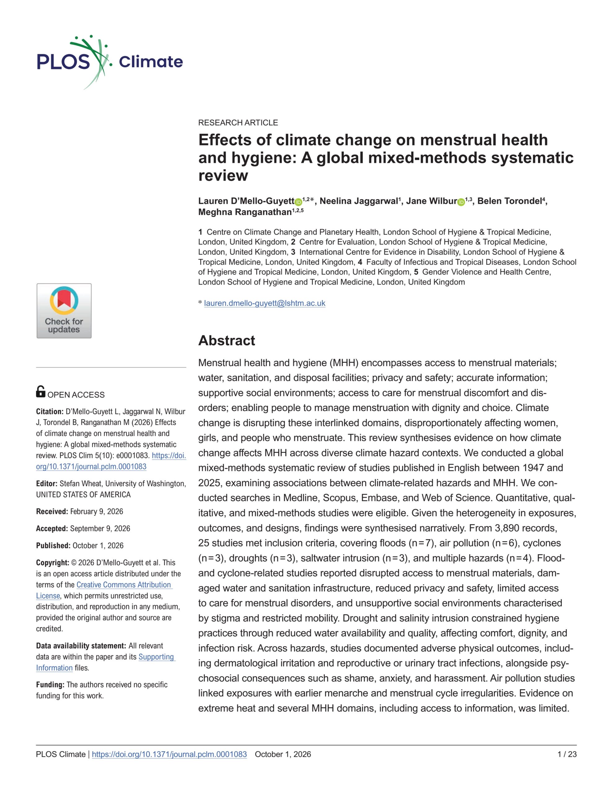 Effects of climate change on menstrual health and hygiene: A global mixed-methods systematic review