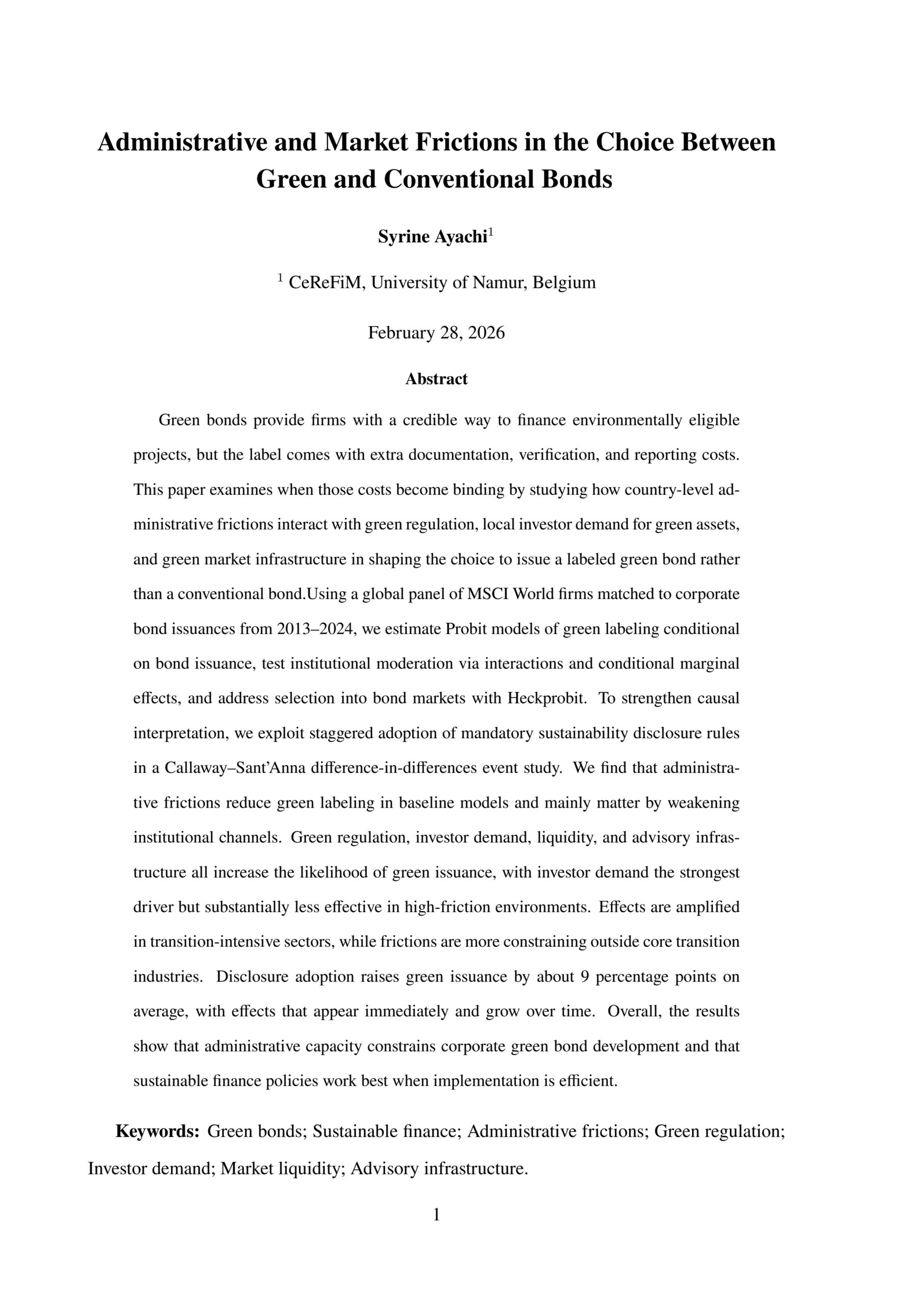 Administrative and market frictions in the choice between green and conventional bonds