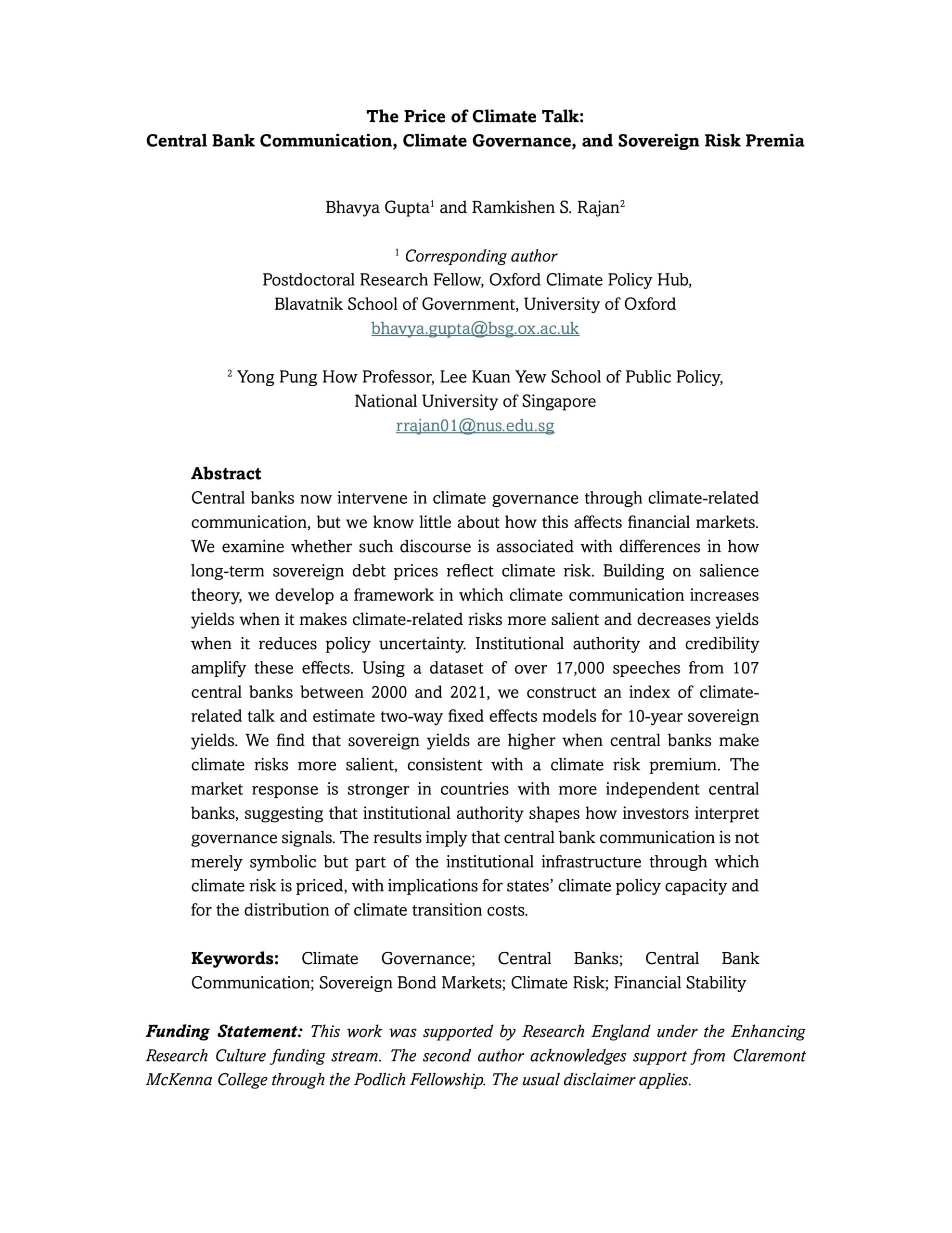 The price of climate talk: Central bank communication, climate governance, and sovereign risk premia