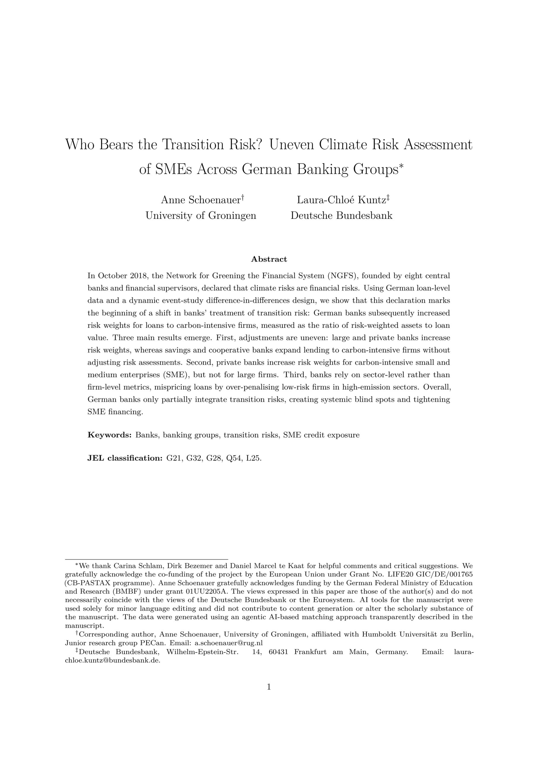 Who bears the transition risk? Uneven climate risk assessment of SMEs across German banking groups