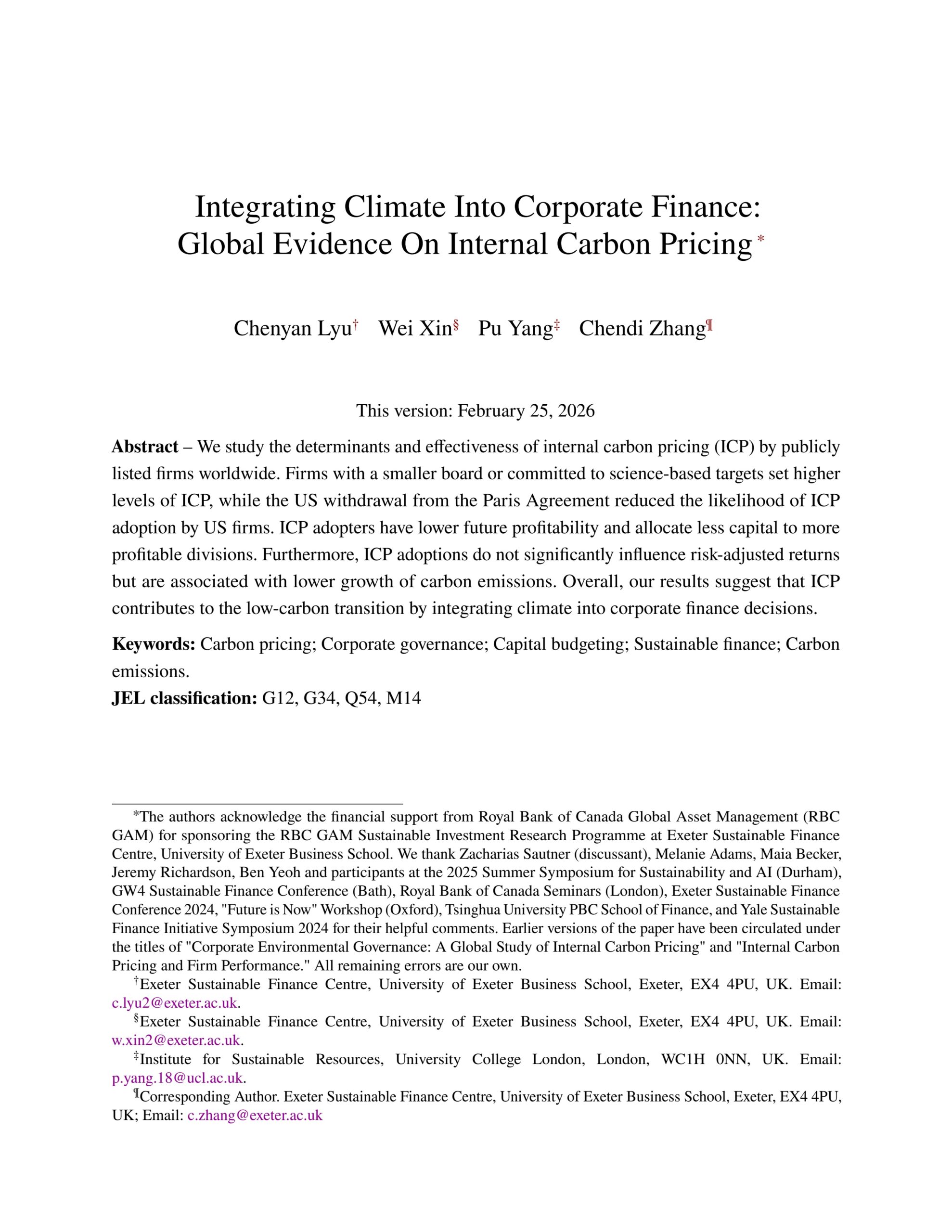Integrating climate into corporate finance: Global evidence on internal carbon pricing