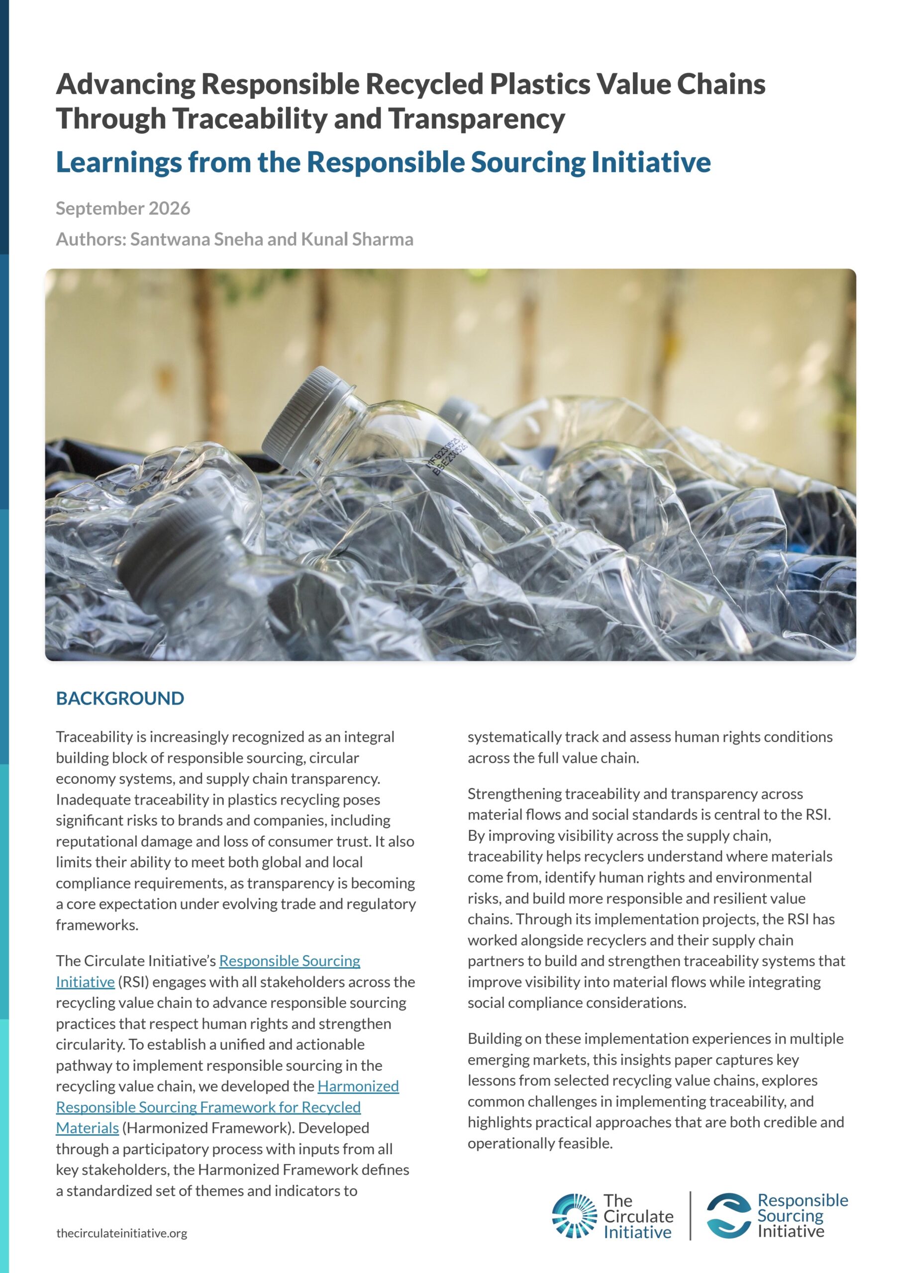 Advancing responsible recycled plastics value chains through traceability and transparency: Learnings from the Responsible Sourcing Initiative