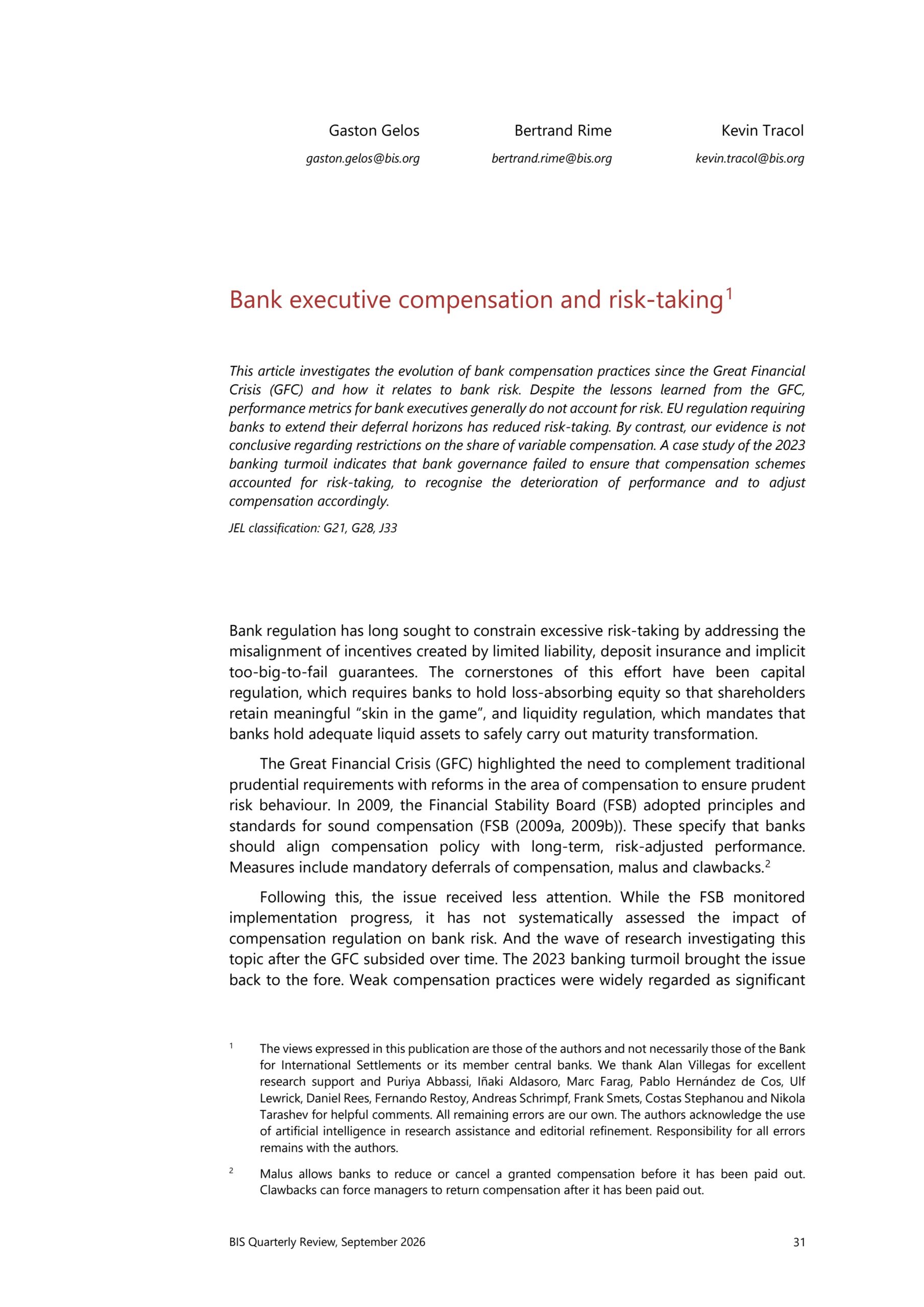 Bank executive compensation and risk-taking