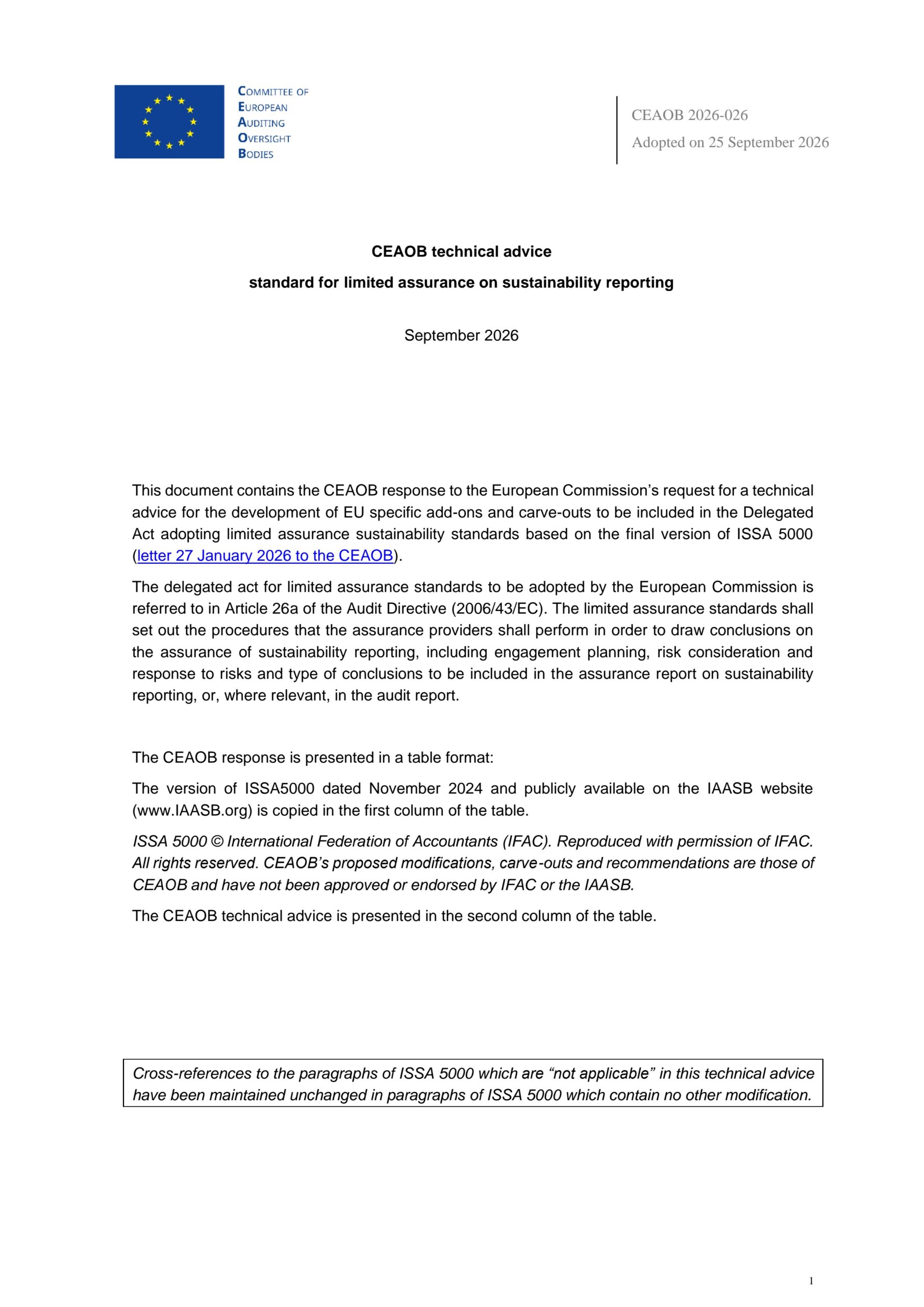CEAOB technical advice standard for limited assurance on sustainability reporting