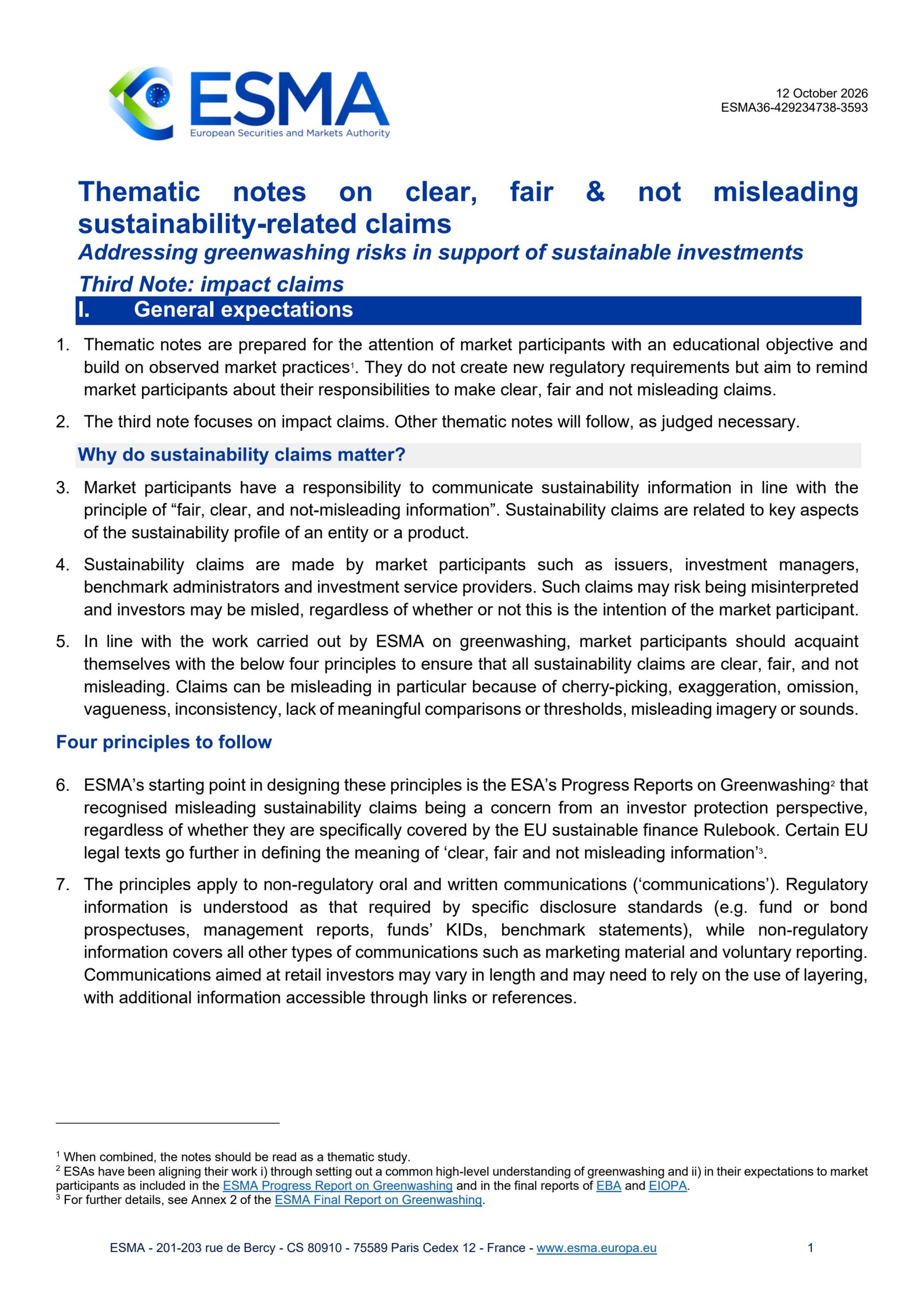 Thematic notes on clear, fair & not misleading sustainability-related claims: Addressing greenwashing risks in support of sustainable investments: Third note: impact claims