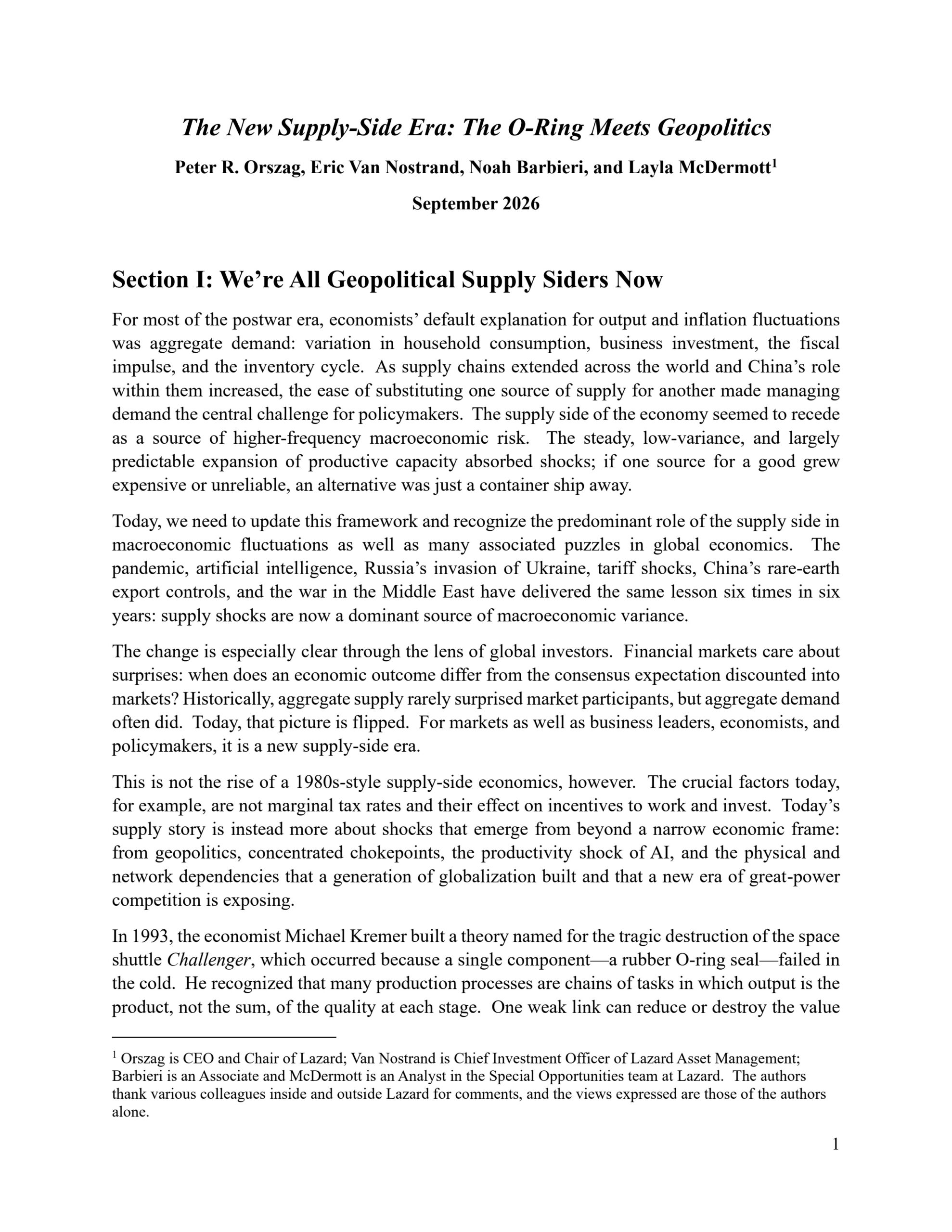 The New Supply-Side Era: The O-Ring Meets Geopolitics