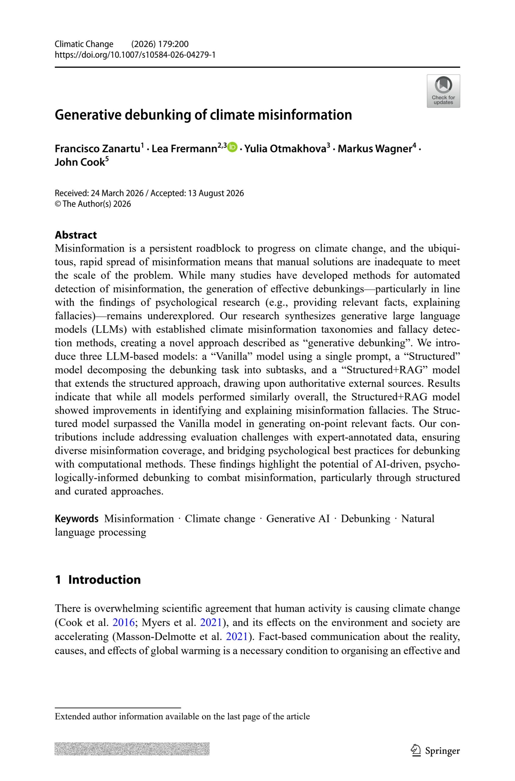 Generative debunking of climate misinformation