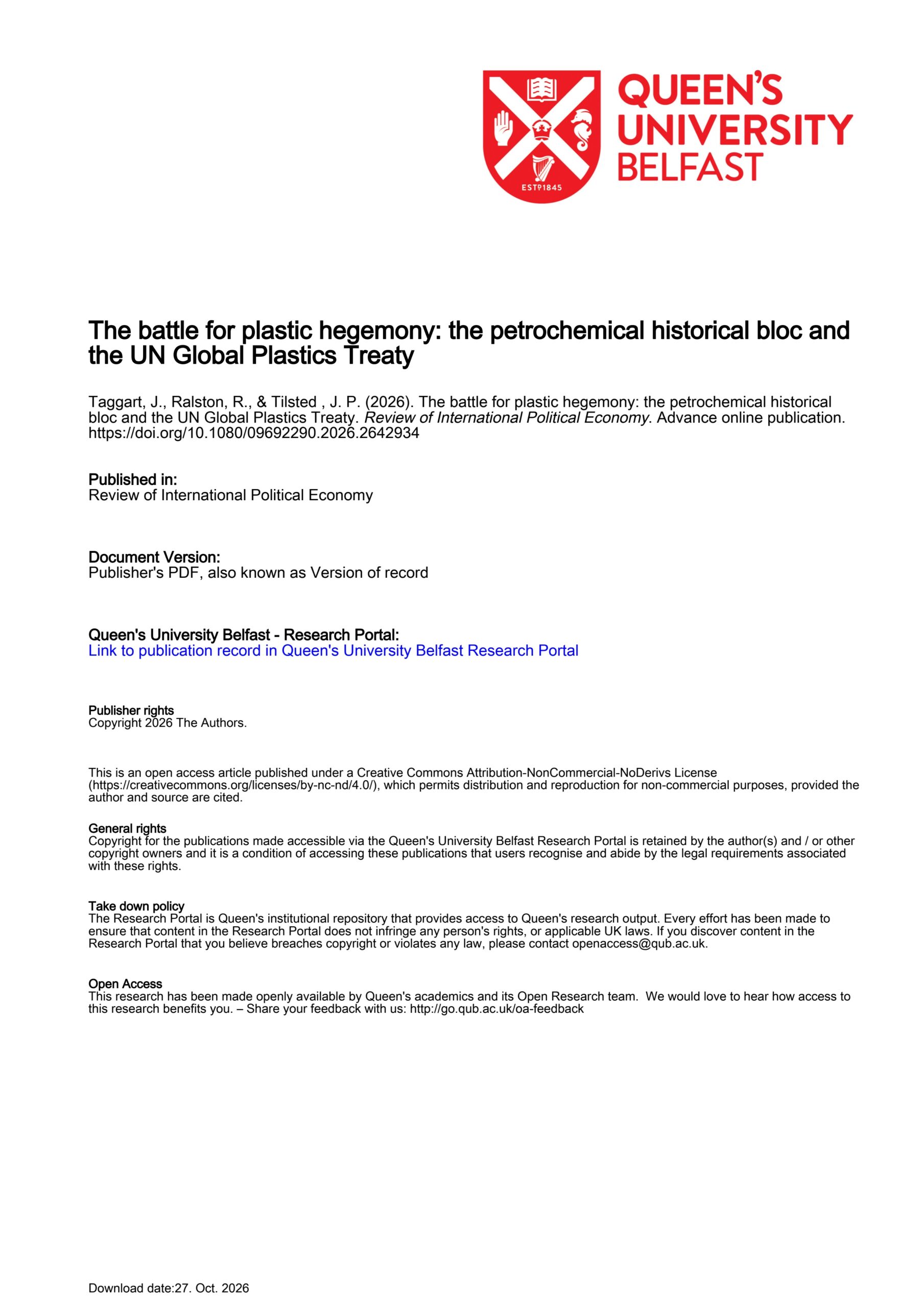 The battle for plastic hegemony: the petrochemical historical bloc and the UN Global Plastics Treaty