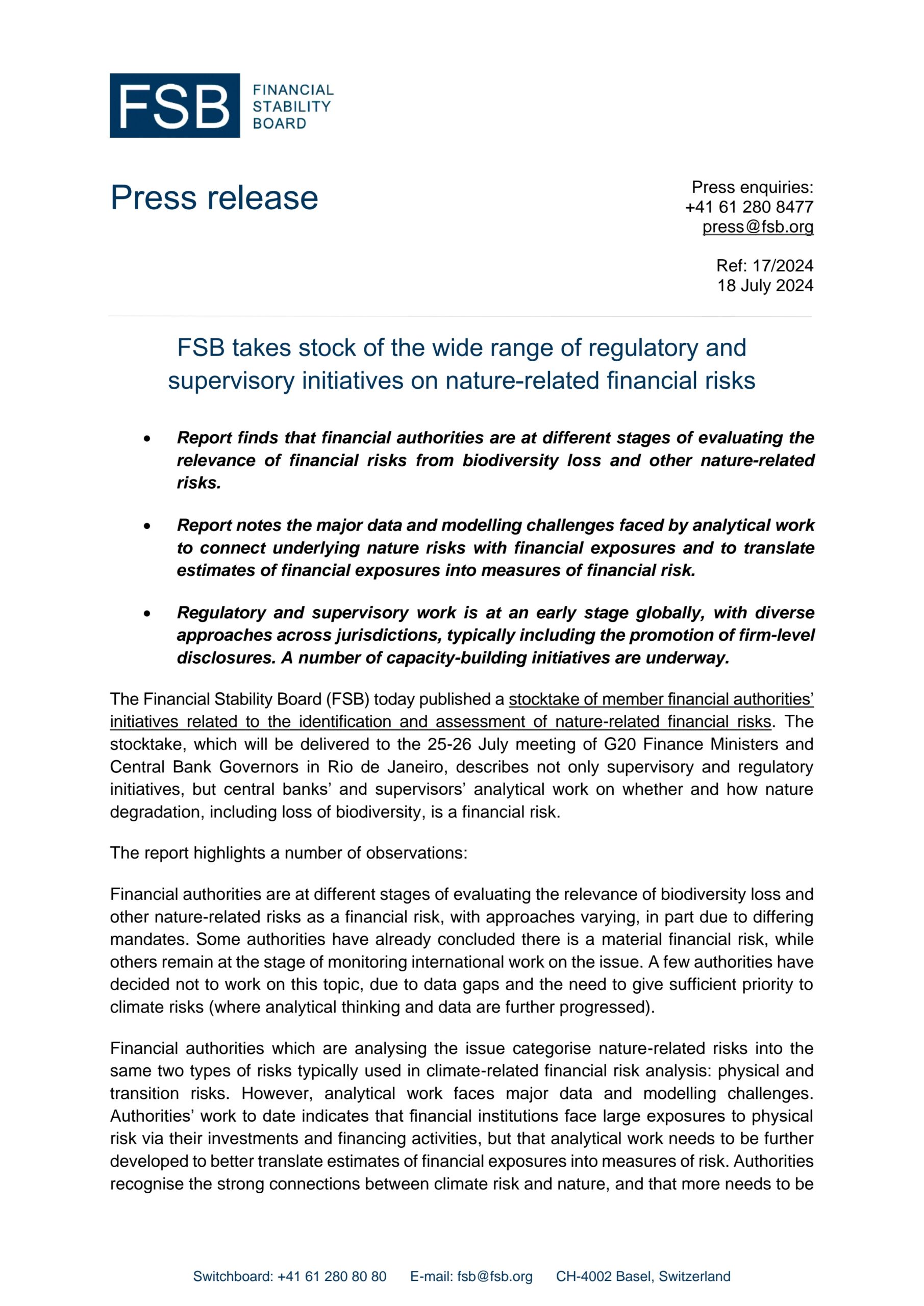 FSB takes stock of the wide range of regulatory and supervisory initiatives on nature-related financial risks