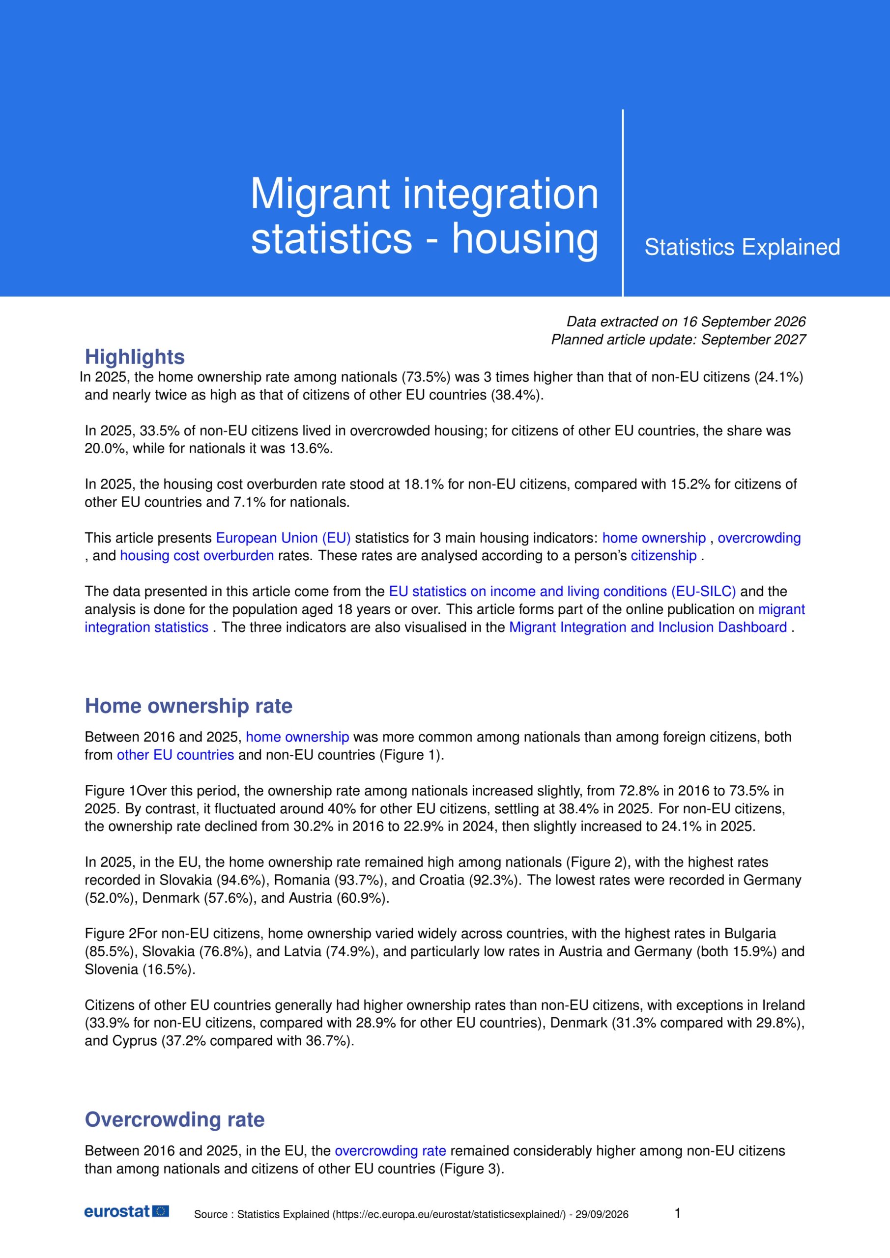 Migrant integration statistics - housing