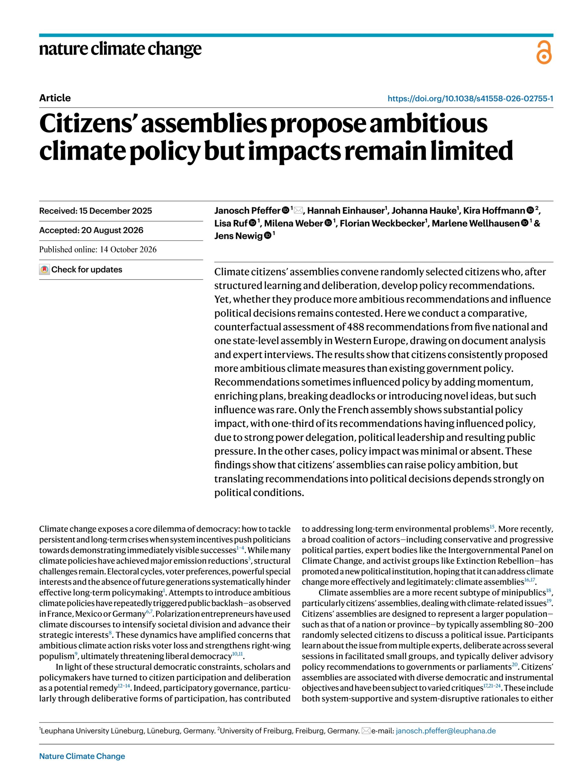 Citizens’ assemblies propose ambitious climate policy but impacts remain limited
